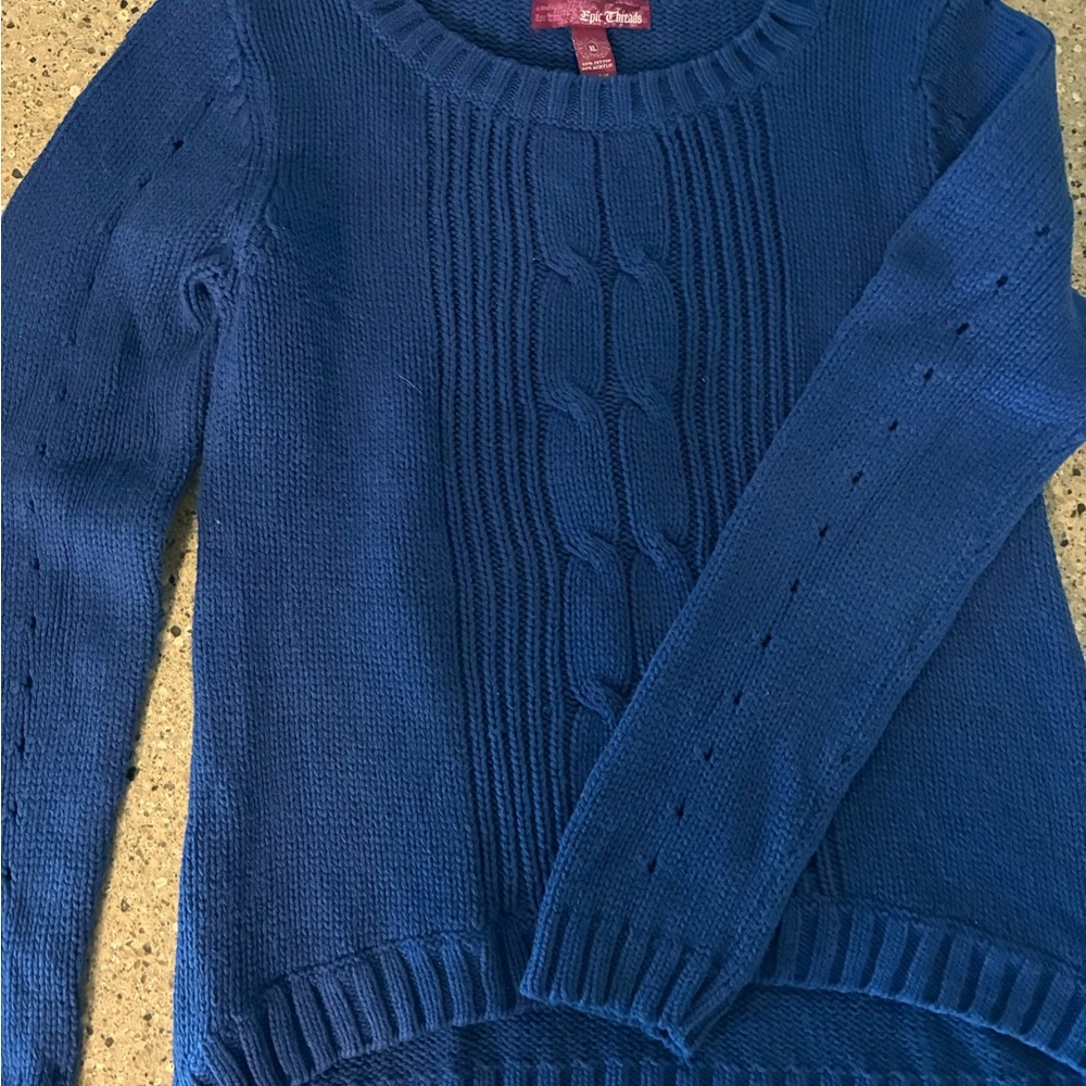 Pink Rose Blue Crew Neck Sweater with Ribbed Details